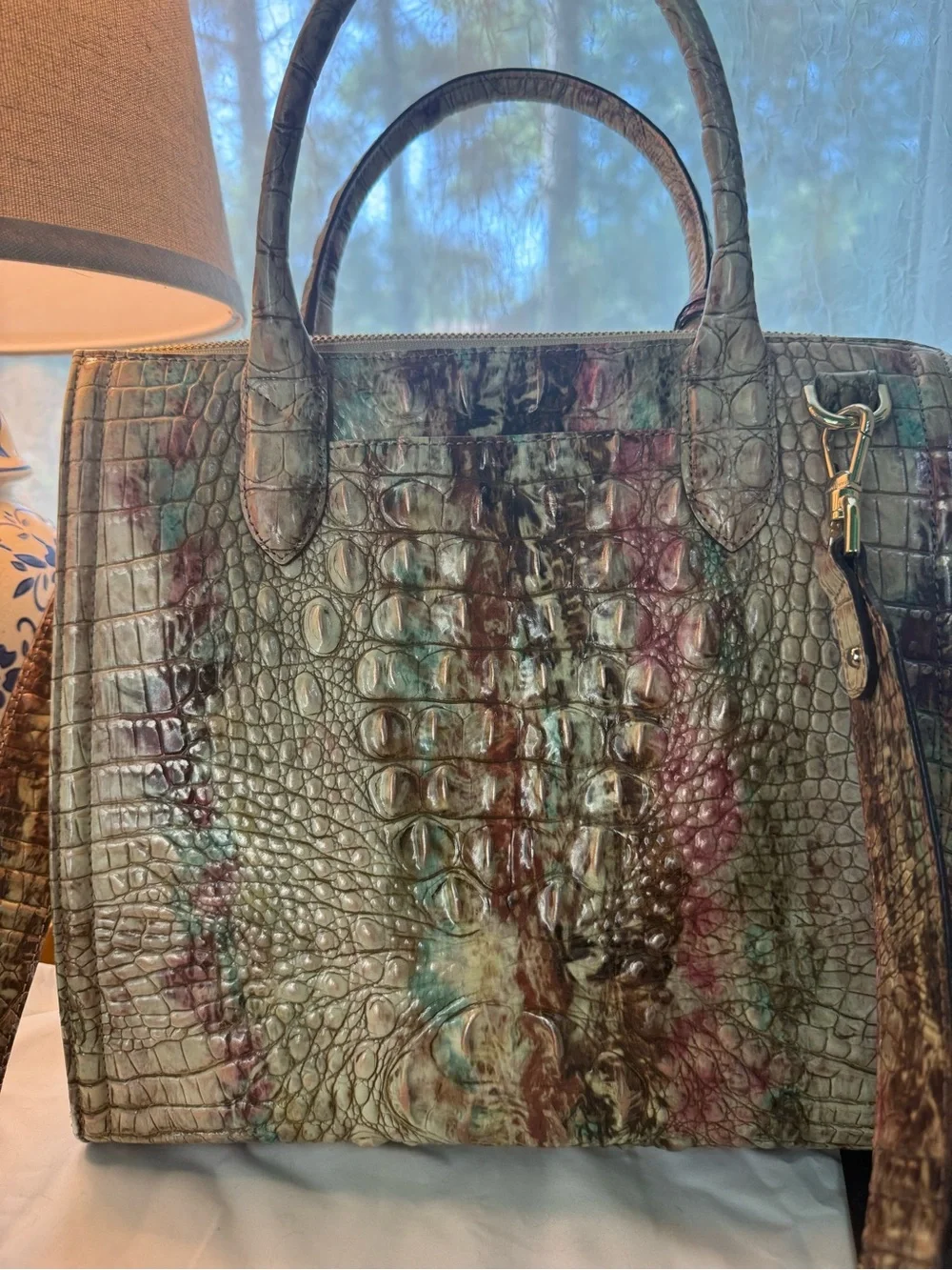 Brahmin Green and Mauve Croc-Embossed Satchel